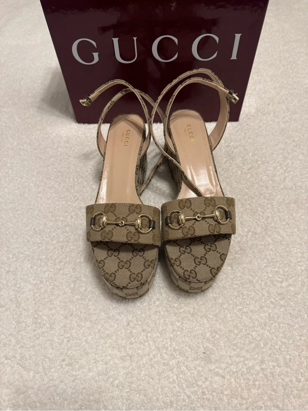 Gucci Beige GG Canvas Platform Slingback Wedges with Gold Horsebit - Picture 7 of 7